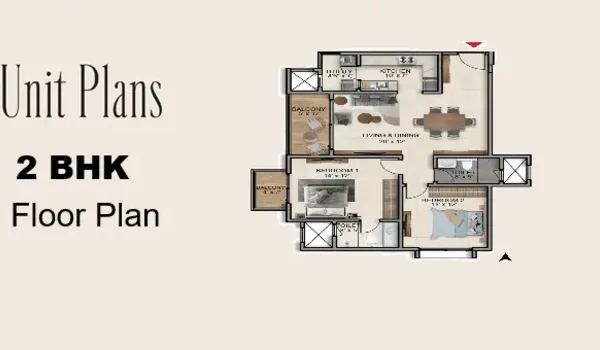 2 BHK,  1,350 sq.ft. floor plan layout at Sattva Jodhani showing living, dining, three bedrooms and balconies
