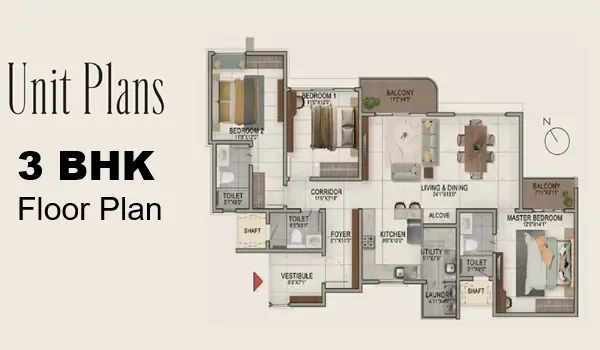 3 BHK, 1,610 sq.ft. floor plan layout at Sattva Jodhani showing living, dining, four bedrooms, utility and balconies